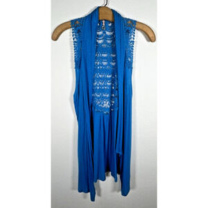 Robin K ANTHROPOLOGIE Shawl Cardigan MEDIUM Crochet BOHO Wrap BLUE sleeveless